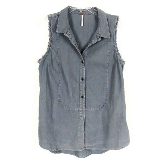 Free People Grey Distressed Linen Button Up Sleeveless Top - Picture 4 of 10